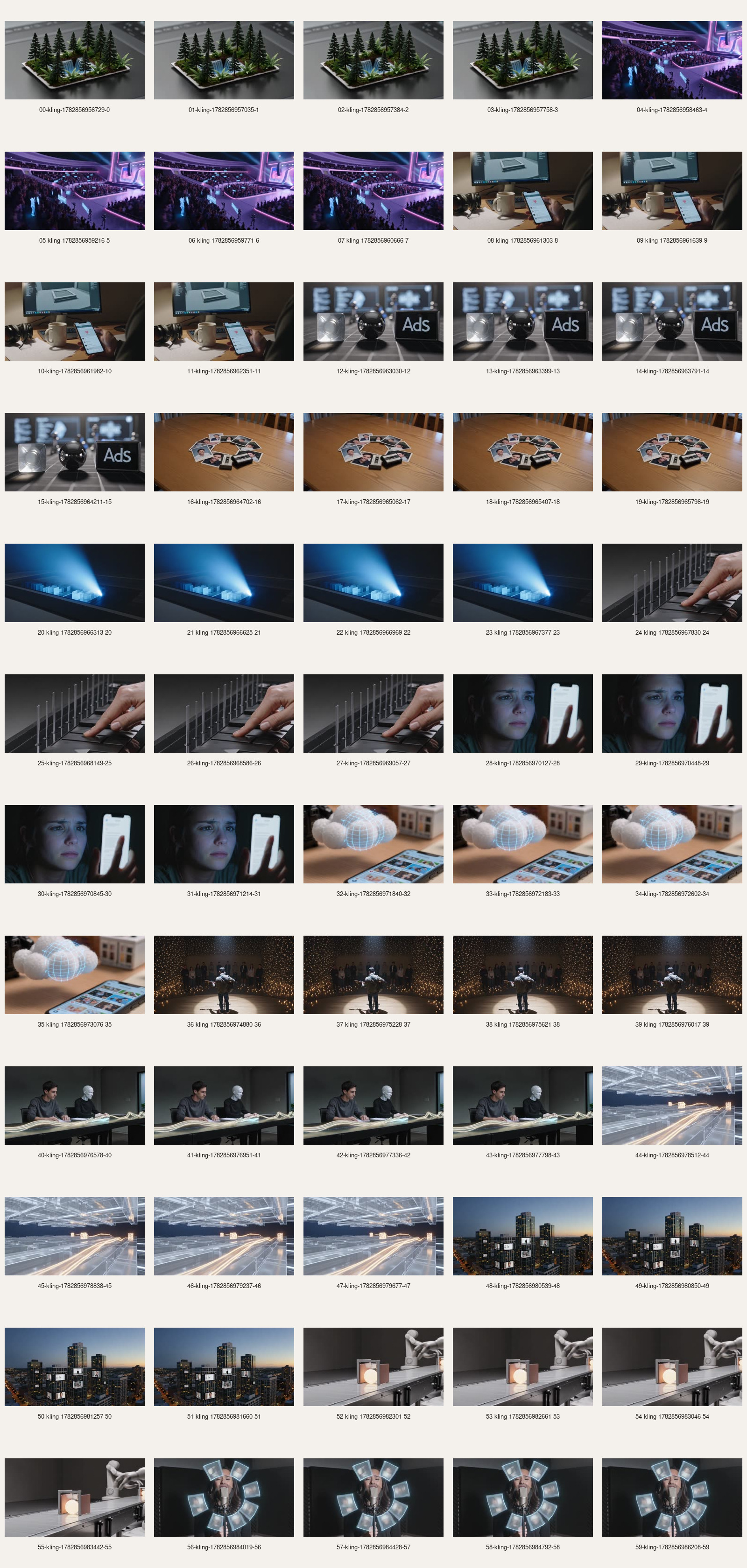 Raw midframe contact sheet for the downloaded Kling clips