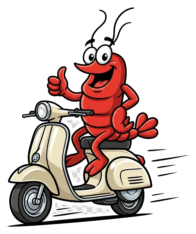 Dave's lobster mascot riding a scooter