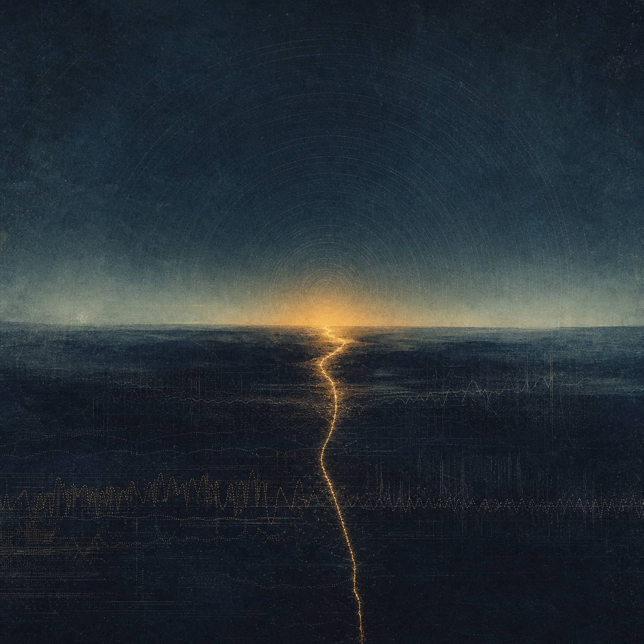 Abstract dark-blue album cover with a warm signal path leading to dawn